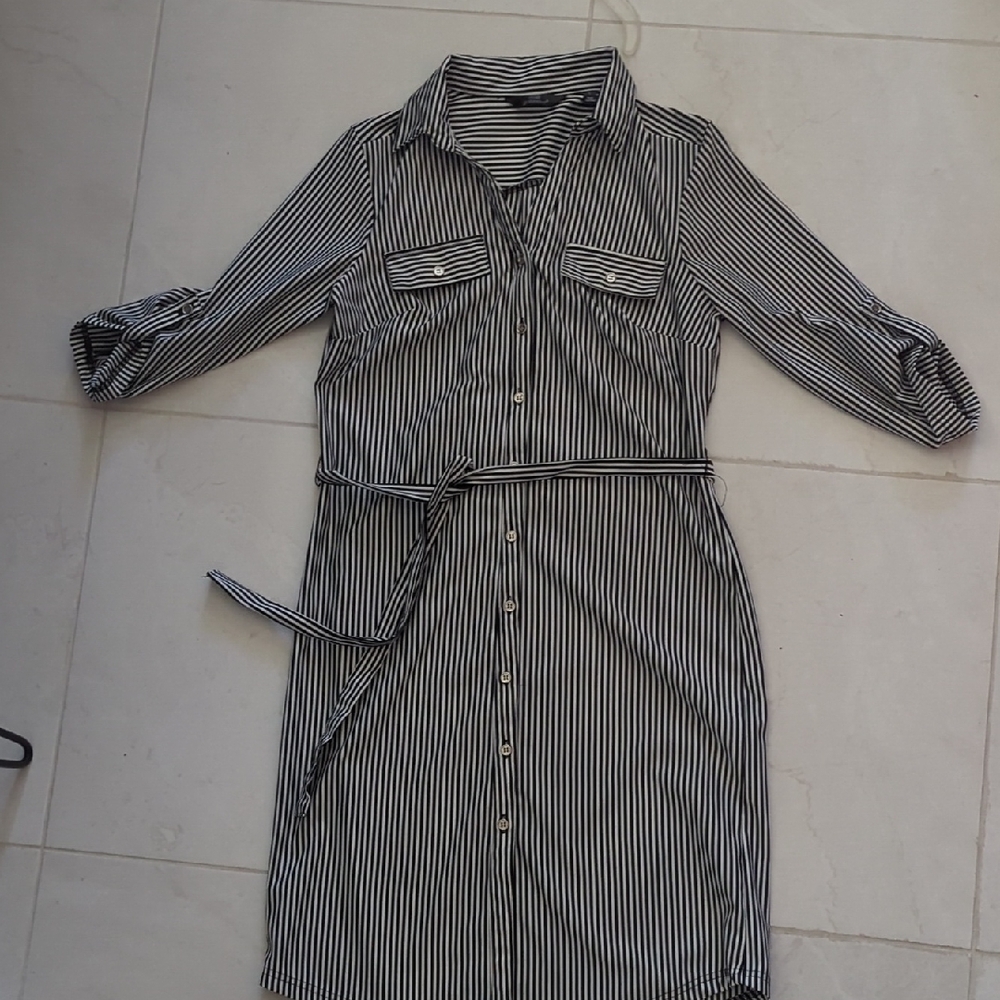 Mlle Gabrielle Black & White Striped Midi Shirt Dress